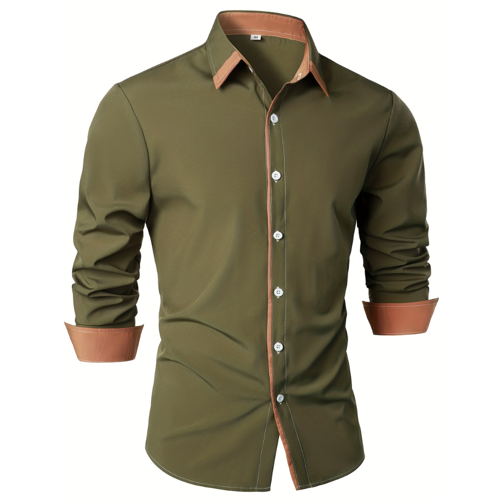 Casual Long Sleeve Shirt With Contrast Color Statement Trim For Men