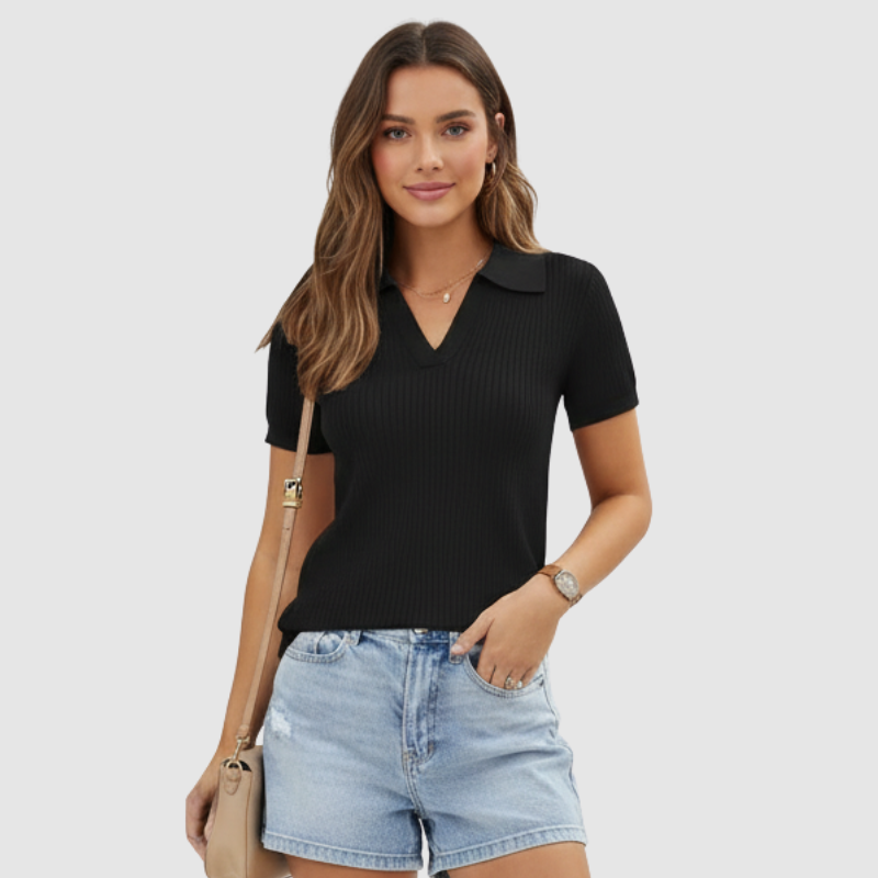 Short Sleeve Polo Design Sweater Top For Women