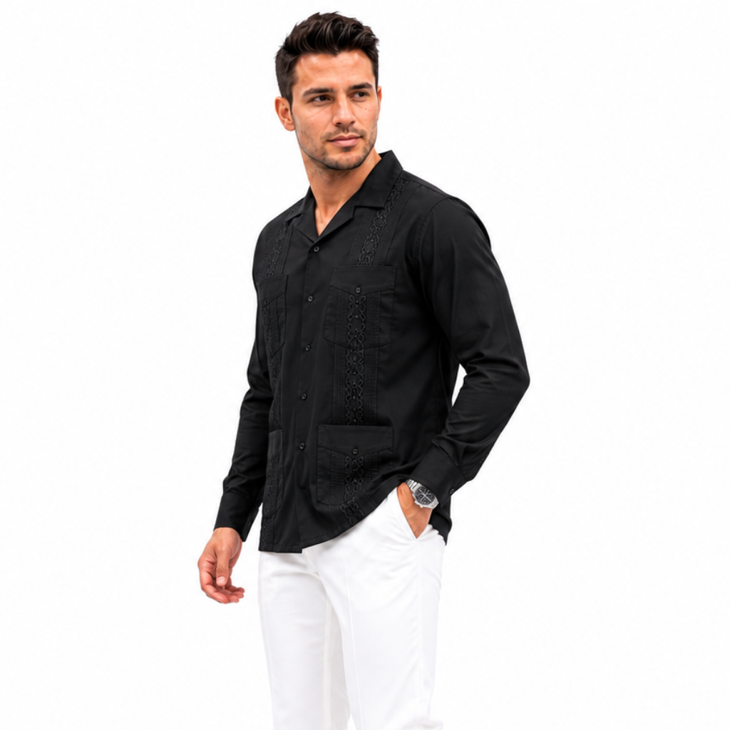 Embroidered Long Sleeve Cuban Collar Casual Button Shirt For Men