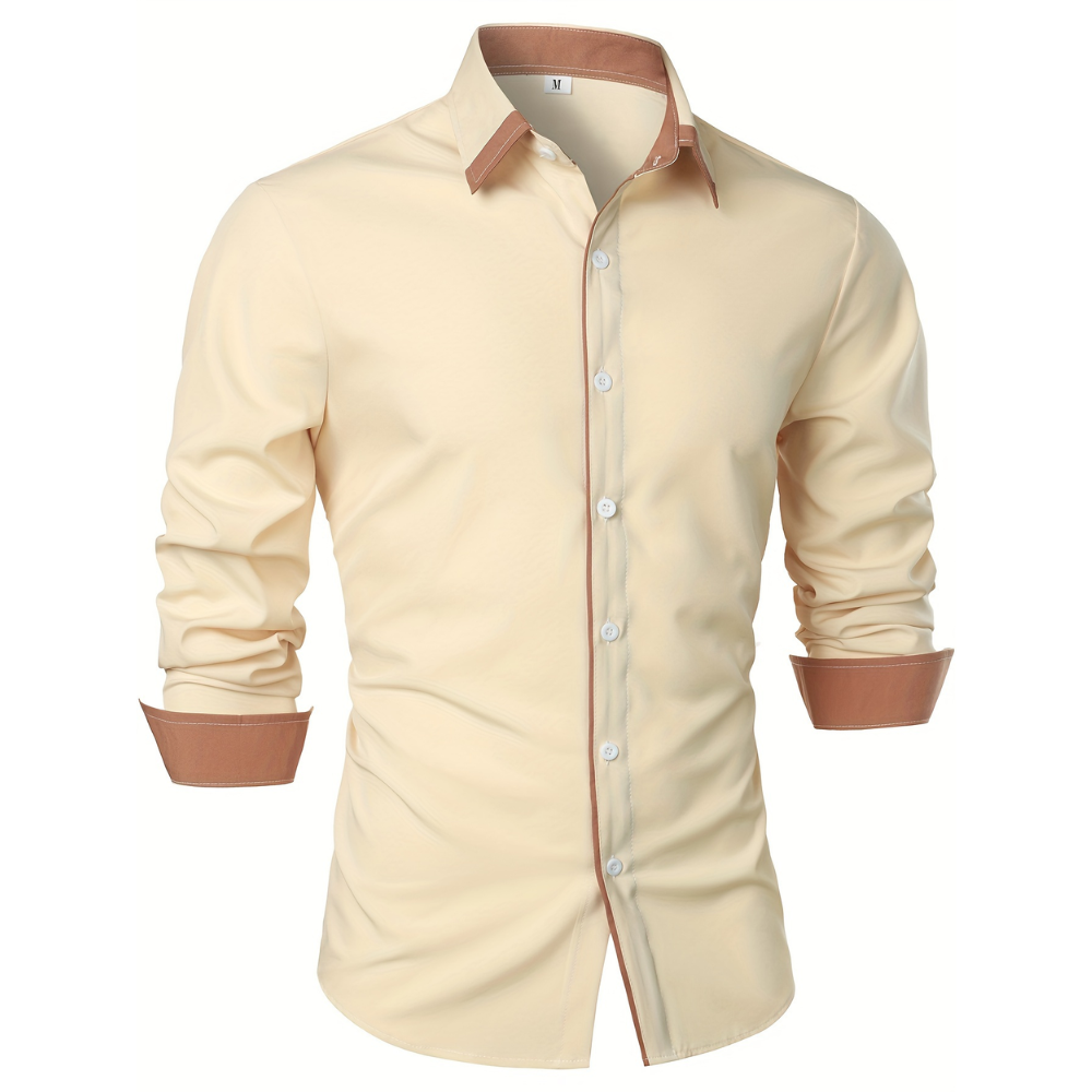 Casual Long Sleeve Shirt With Contrast Color Statement Trim For Men