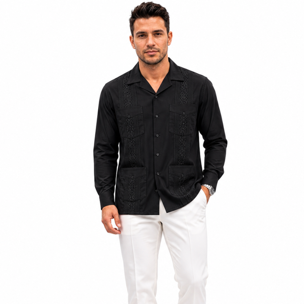 Embroidered Long Sleeve Cuban Collar Casual Button Shirt For Men