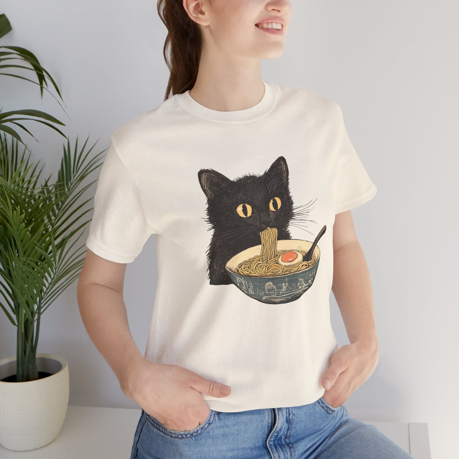 Cat Eating Bowl Of Ramen Noodles Printed T Shirt