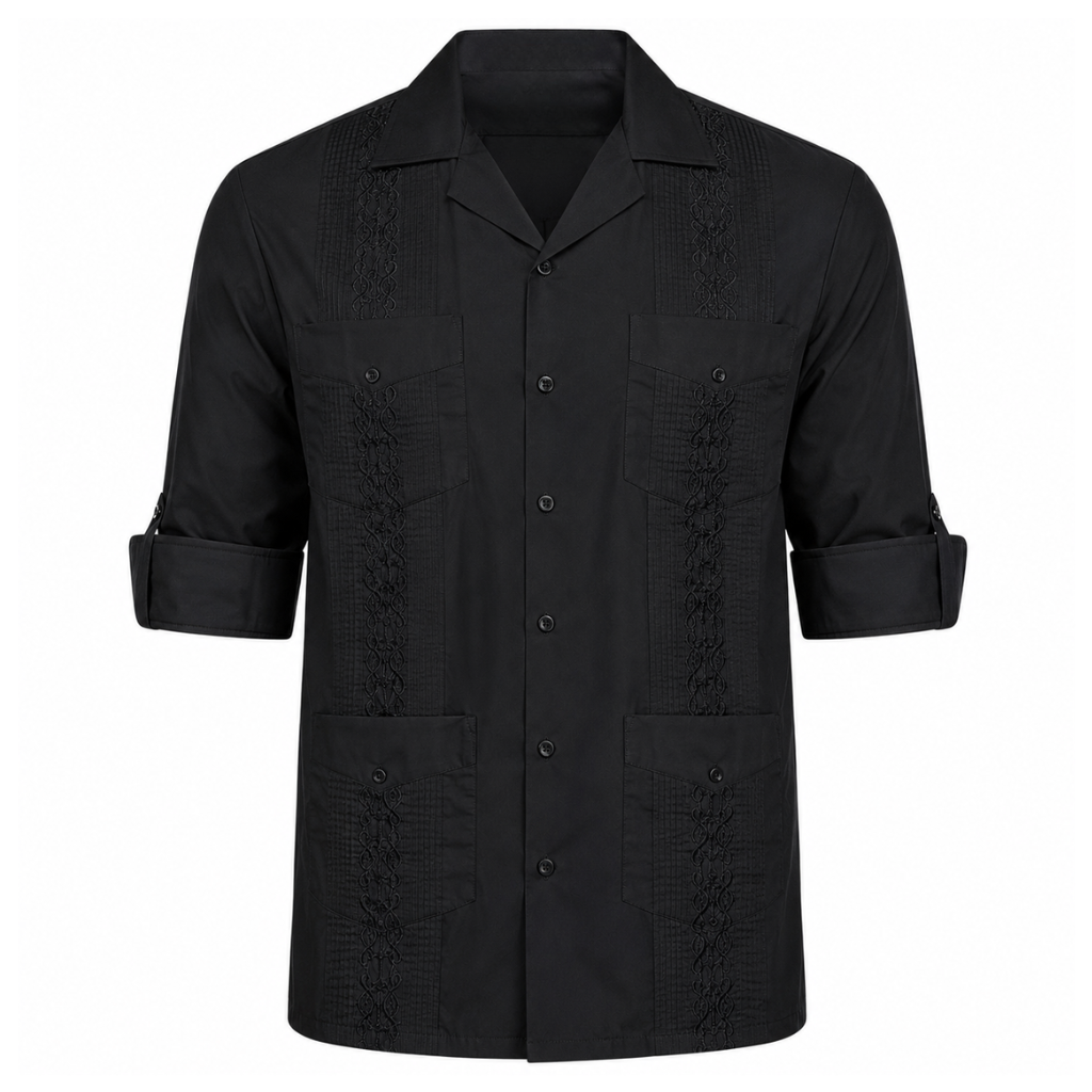 Embroidered Long Sleeve Cuban Collar Casual Button Shirt For Men