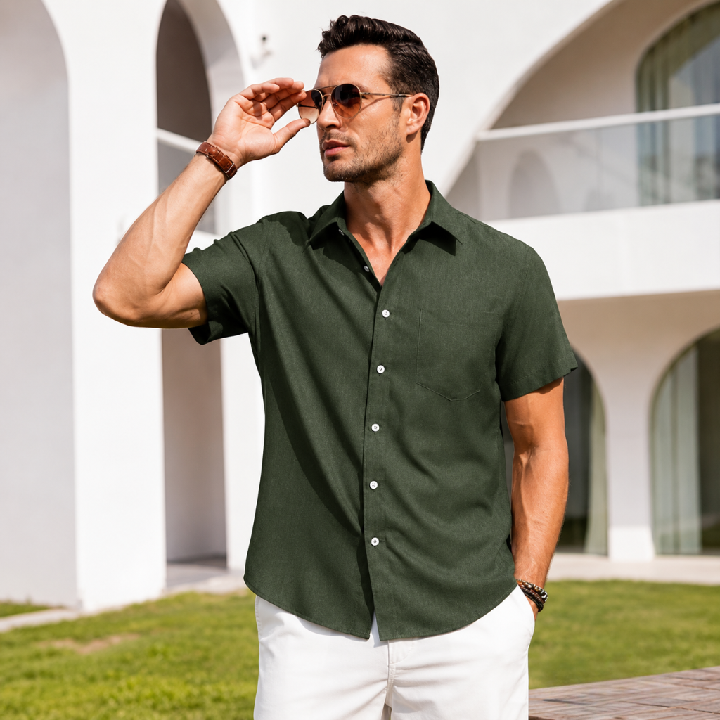 Short Sleeve Button Down Casual Wrinkle Shirts For Men