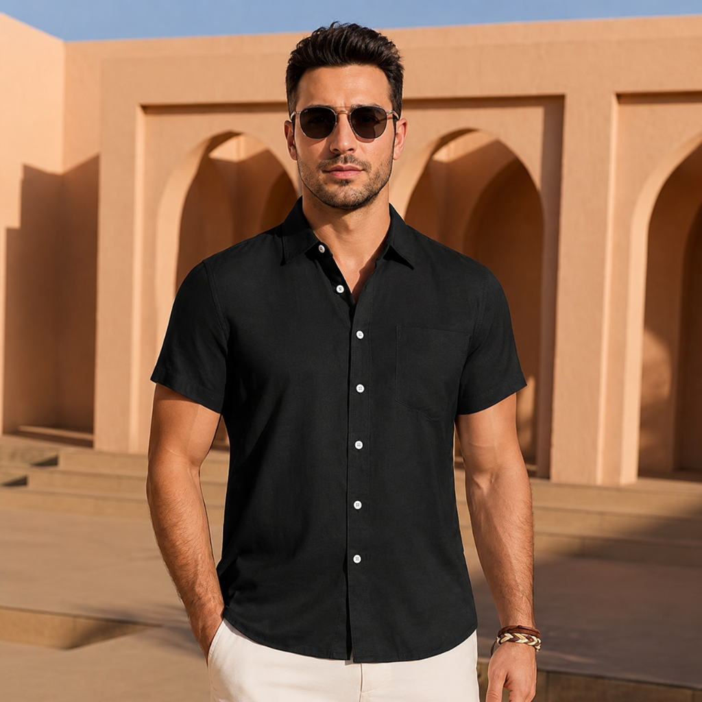 Short Sleeve Wrinkle Casual Untucked Button Down Shirts For Men 