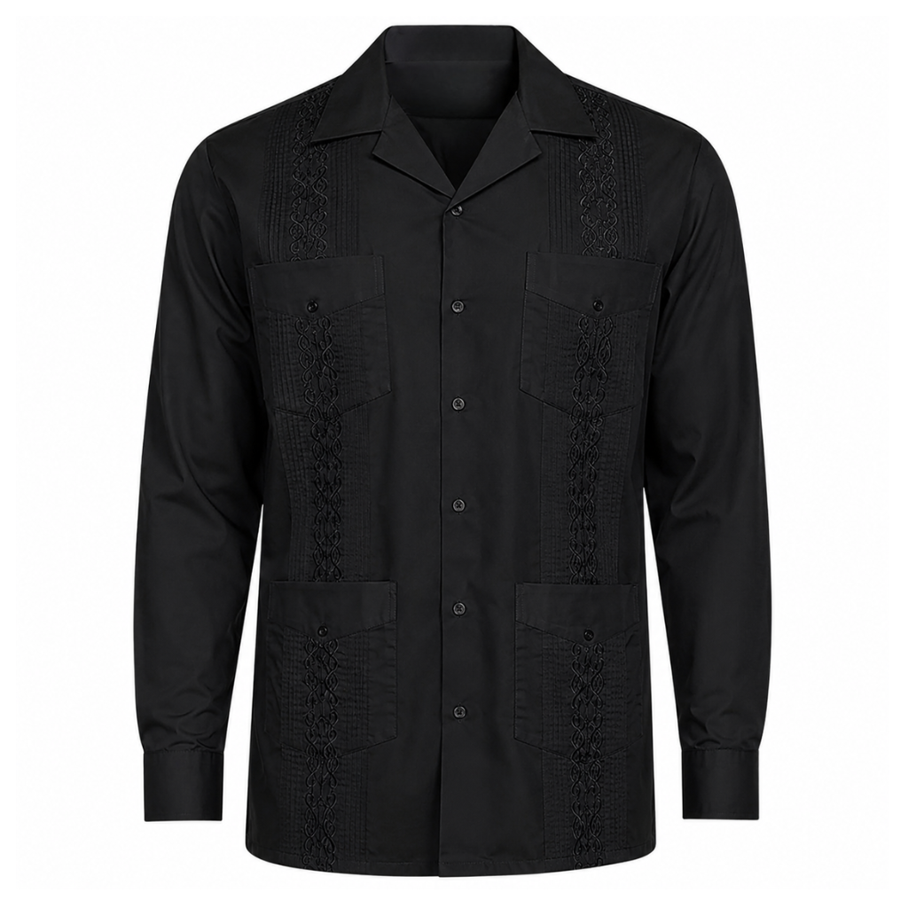 Embroidered Long Sleeve Cuban Collar Casual Button Shirt For Men