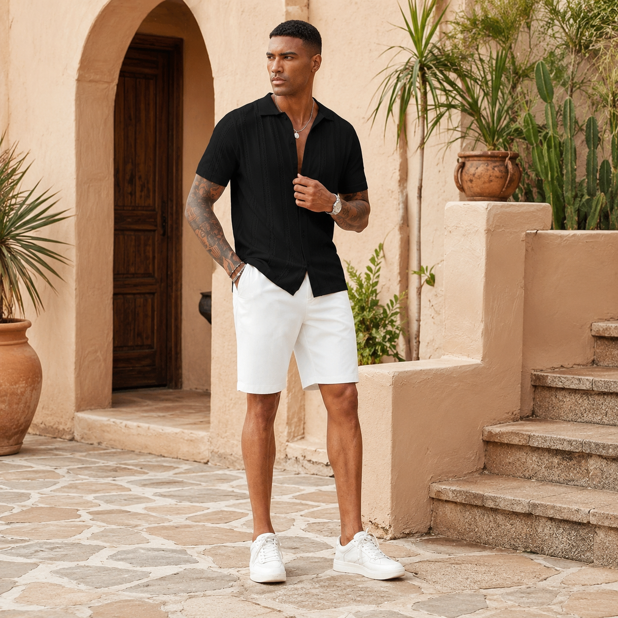 Short Sleeve Beach T Shirt With Textured Design For Men