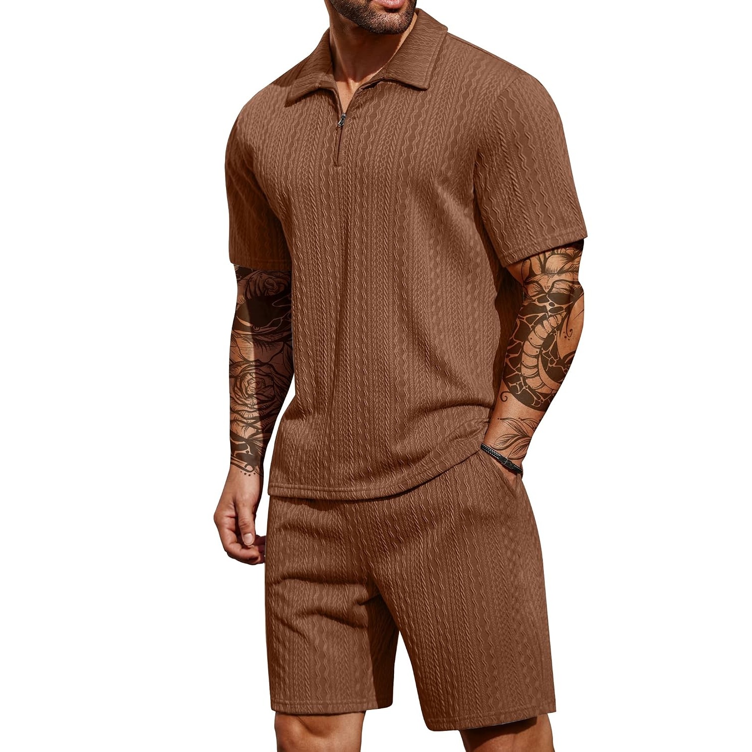 Casual Summer Athletic Quarter Shorts And Polo Shirt Set For Men
