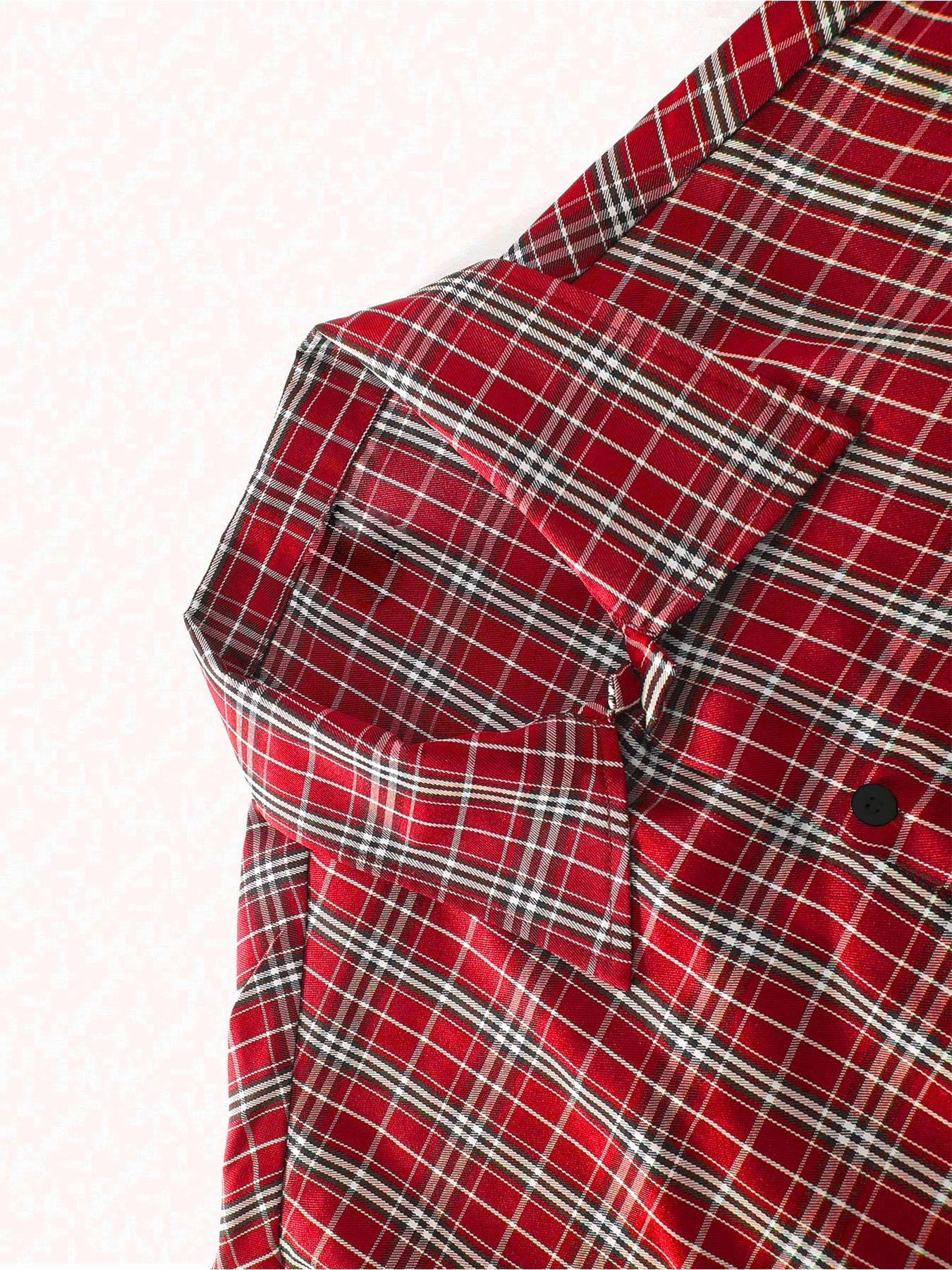 Retro Plaid & Letter Print Short Sleeve Shirt, Loose-Fitting Woven Top for All Seasons, Vintage Style Button Up Front Shirt, Casual Comfy Shirt