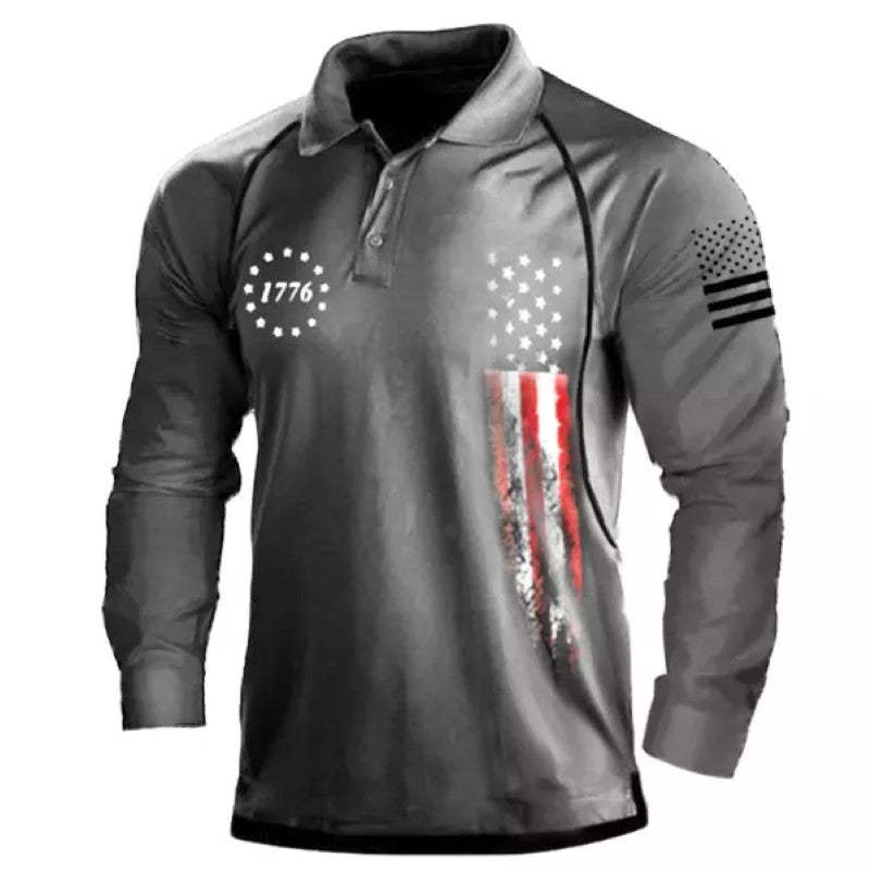 Men's American Flag Print Long Sleeve Polo Shirt