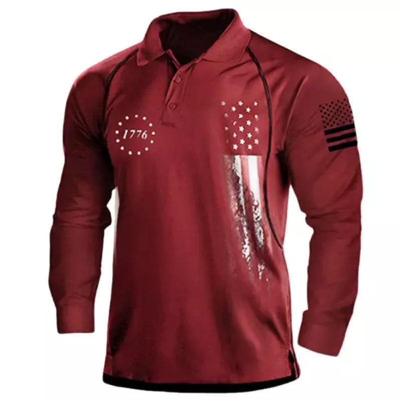 Men's American Flag Print Long Sleeve Polo Shirt