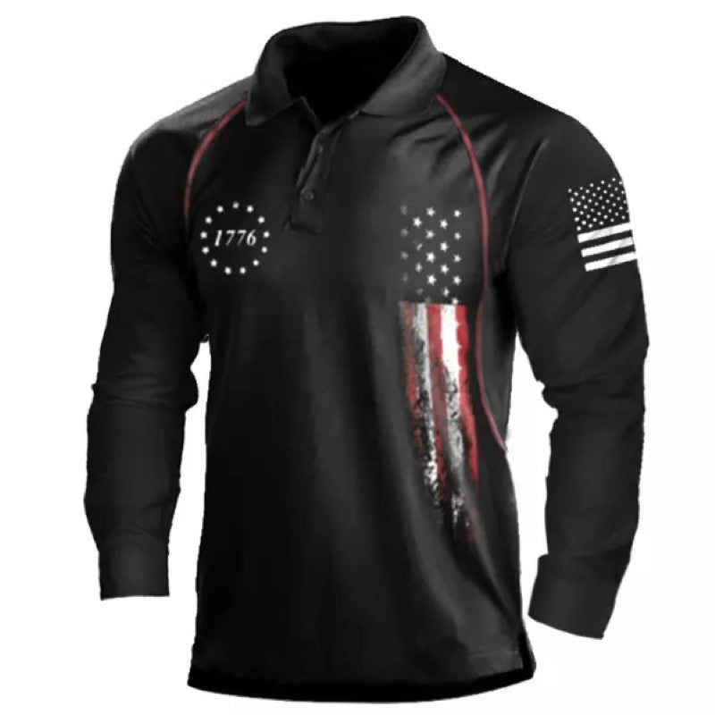 Men's American Flag Print Long Sleeve Polo Shirt
