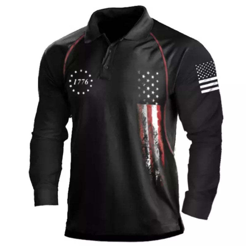 Men's American Flag Print Long Sleeve Polo Shirt