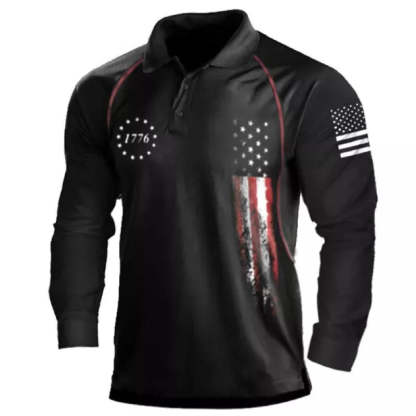 Men's American Flag Print Long Sleeve Polo Shirt