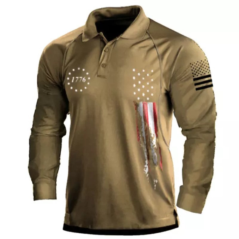 Men's American Flag Print Long Sleeve Polo Shirt