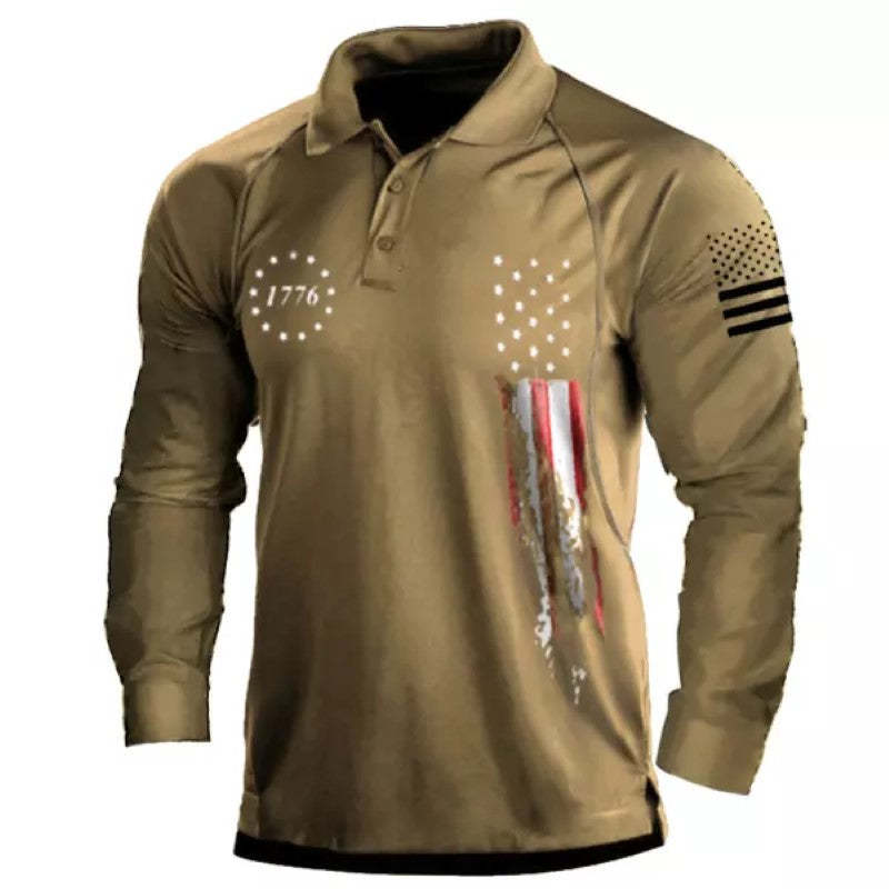 Men's American Flag Print Long Sleeve Polo Shirt