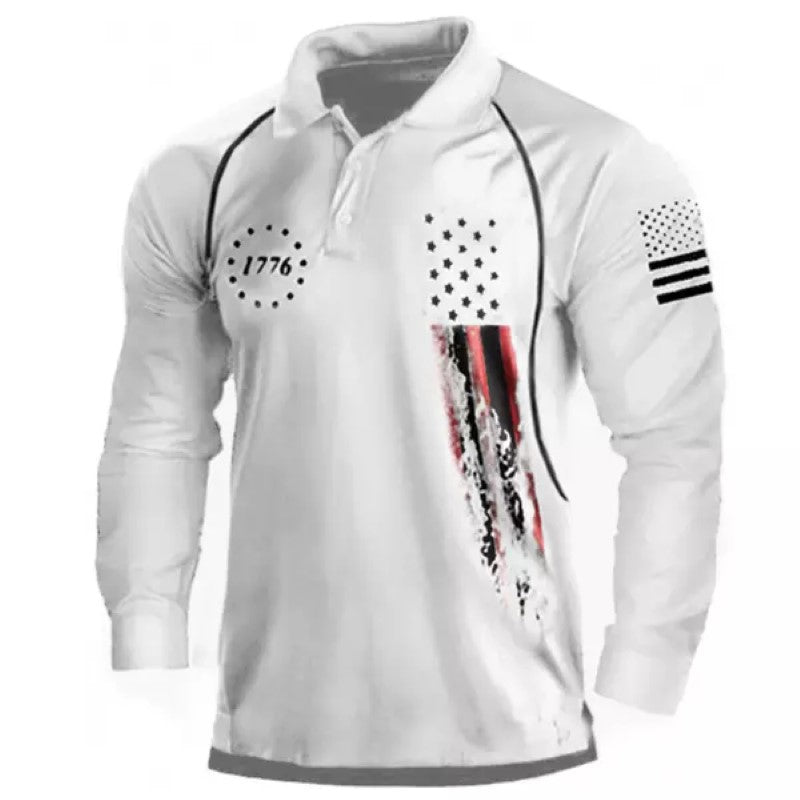 Men's American Flag Print Long Sleeve Polo Shirt