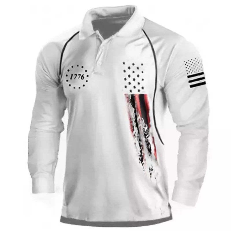 Men's American Flag Print Long Sleeve Polo Shirt