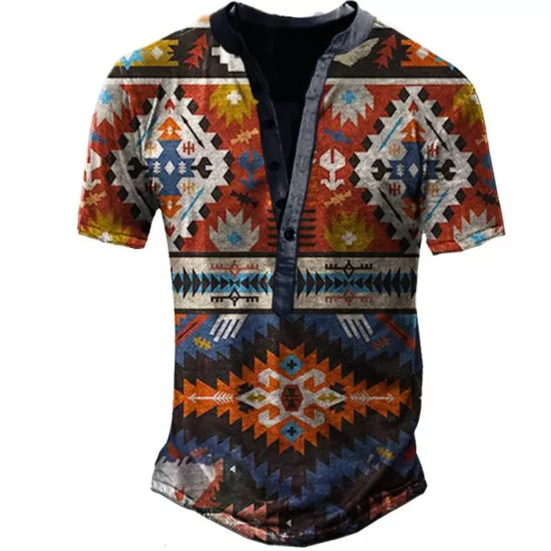 Western Ethnic Pattern Henley Collar T-shirt