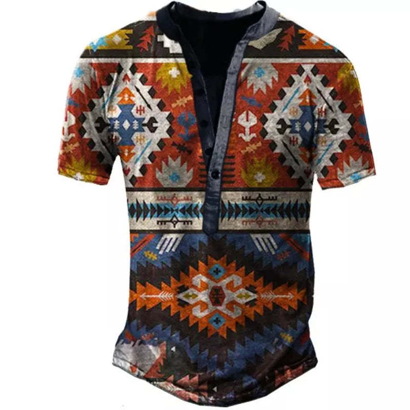 Western Ethnic Pattern Henley Collar T-shirt