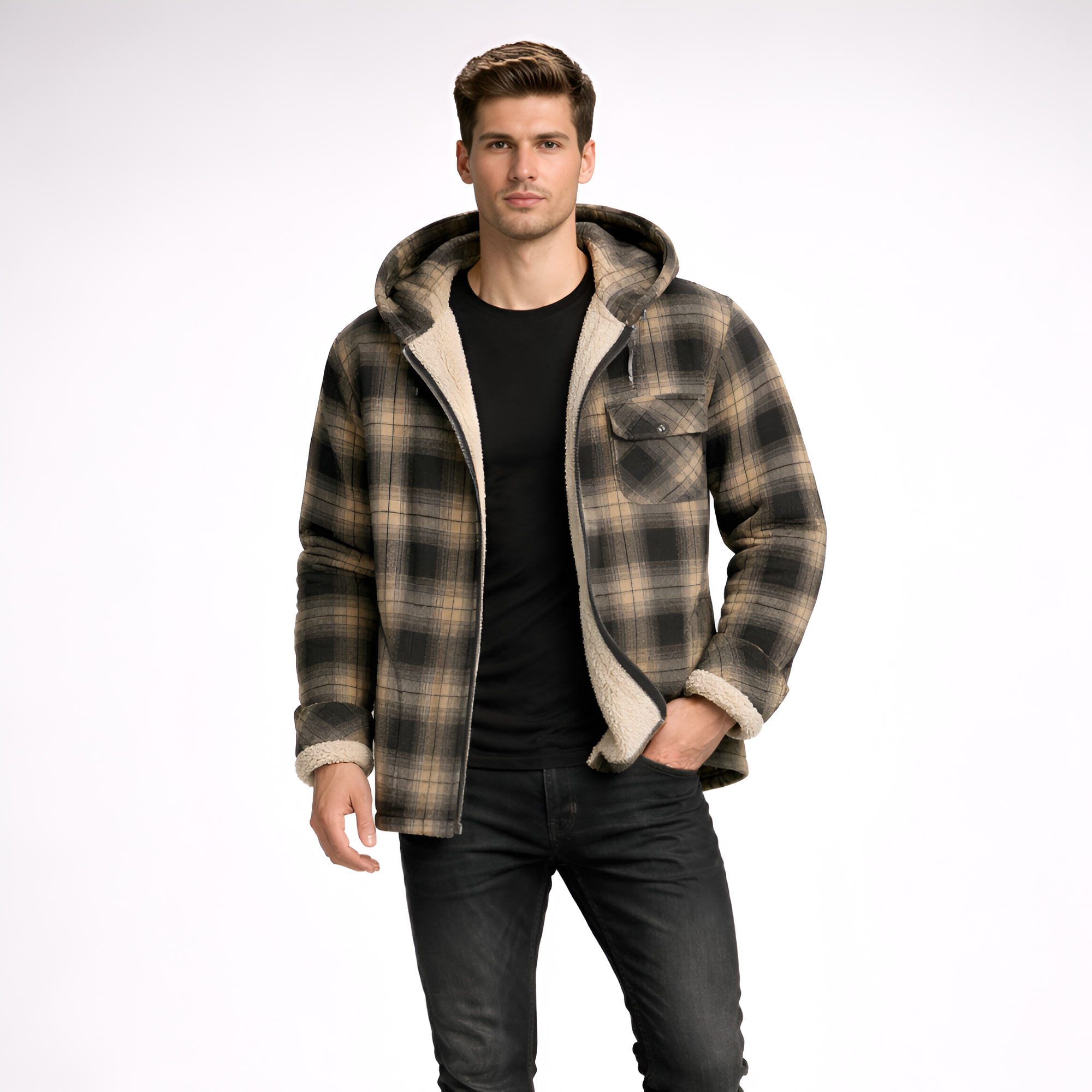 Plaid Fleece Lined Full Zip Flannel Jacket With Hood For Men