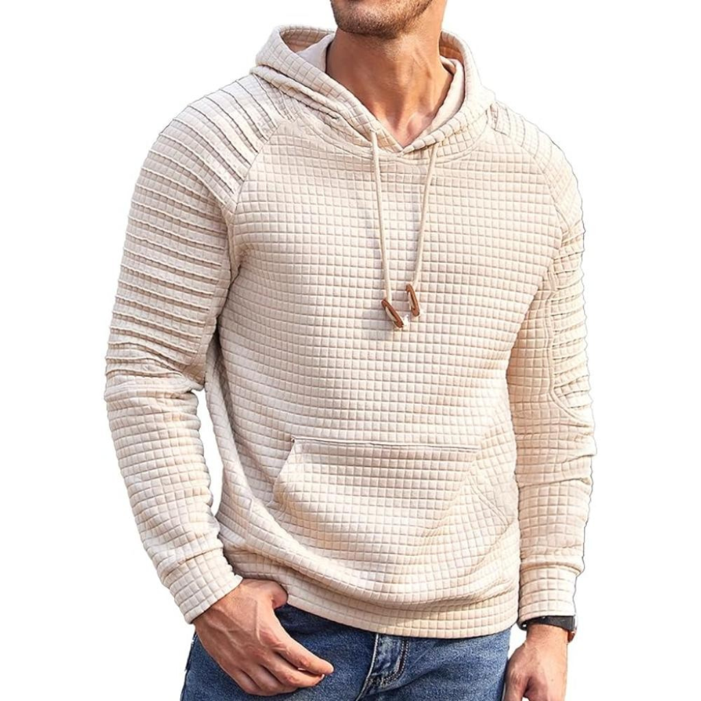 Men Long Sleeve Waffle Knit Pullover Hoodie with Kangaroo Pocket