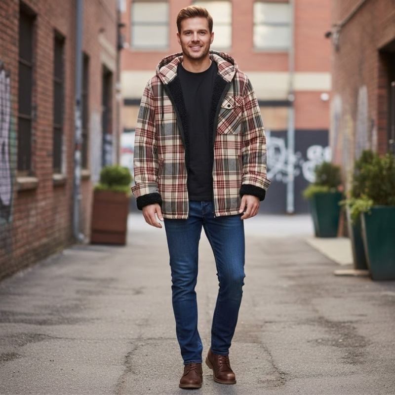 Plaid Flannel Jacket With Sherpa Lining And Fleece Interior For Men