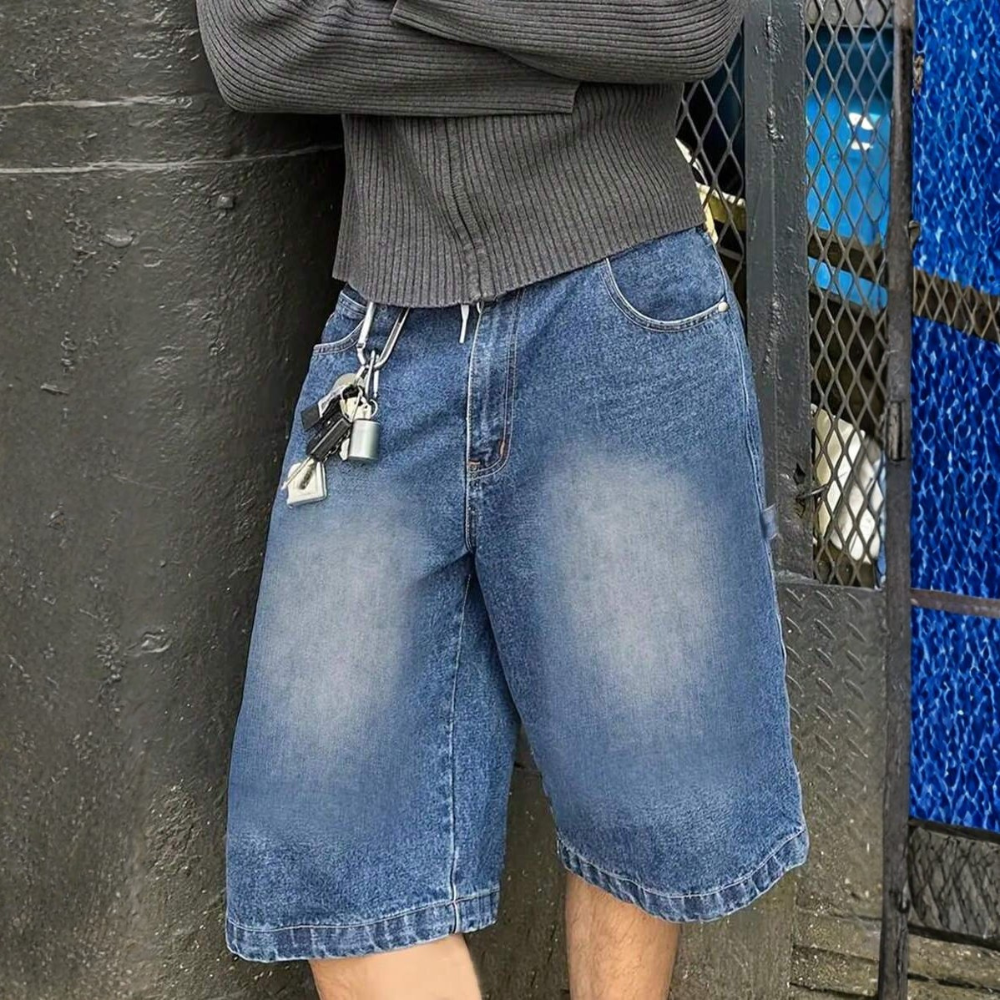 Loose Wide Denim Bermuda Shorts For Men