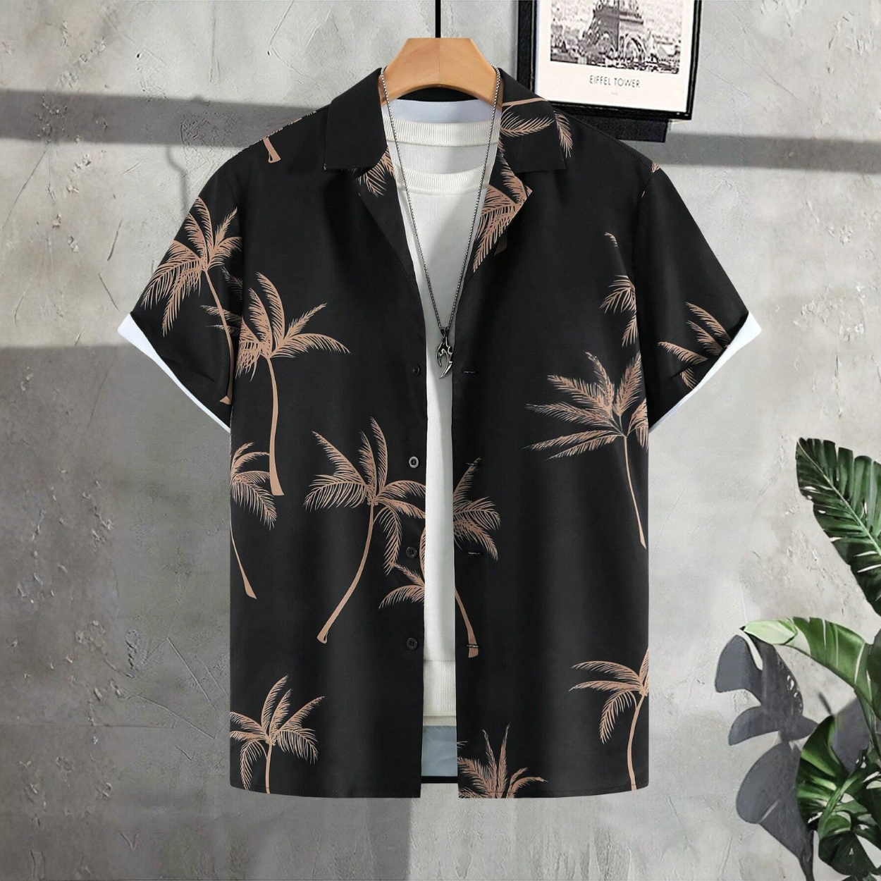 Tropical Plant Print Short Sleeve Summer Button Shirt For Men
