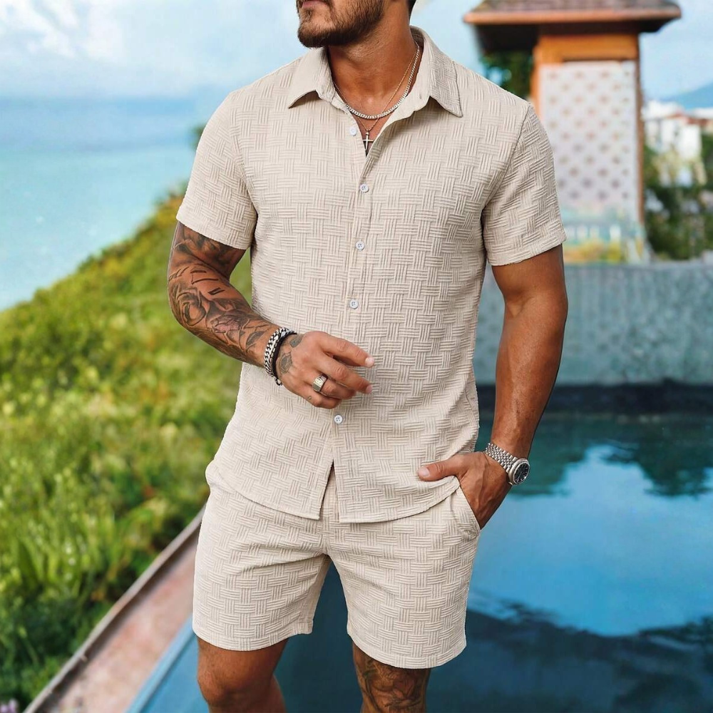 Button Up Shirt And Shorts Set For Men