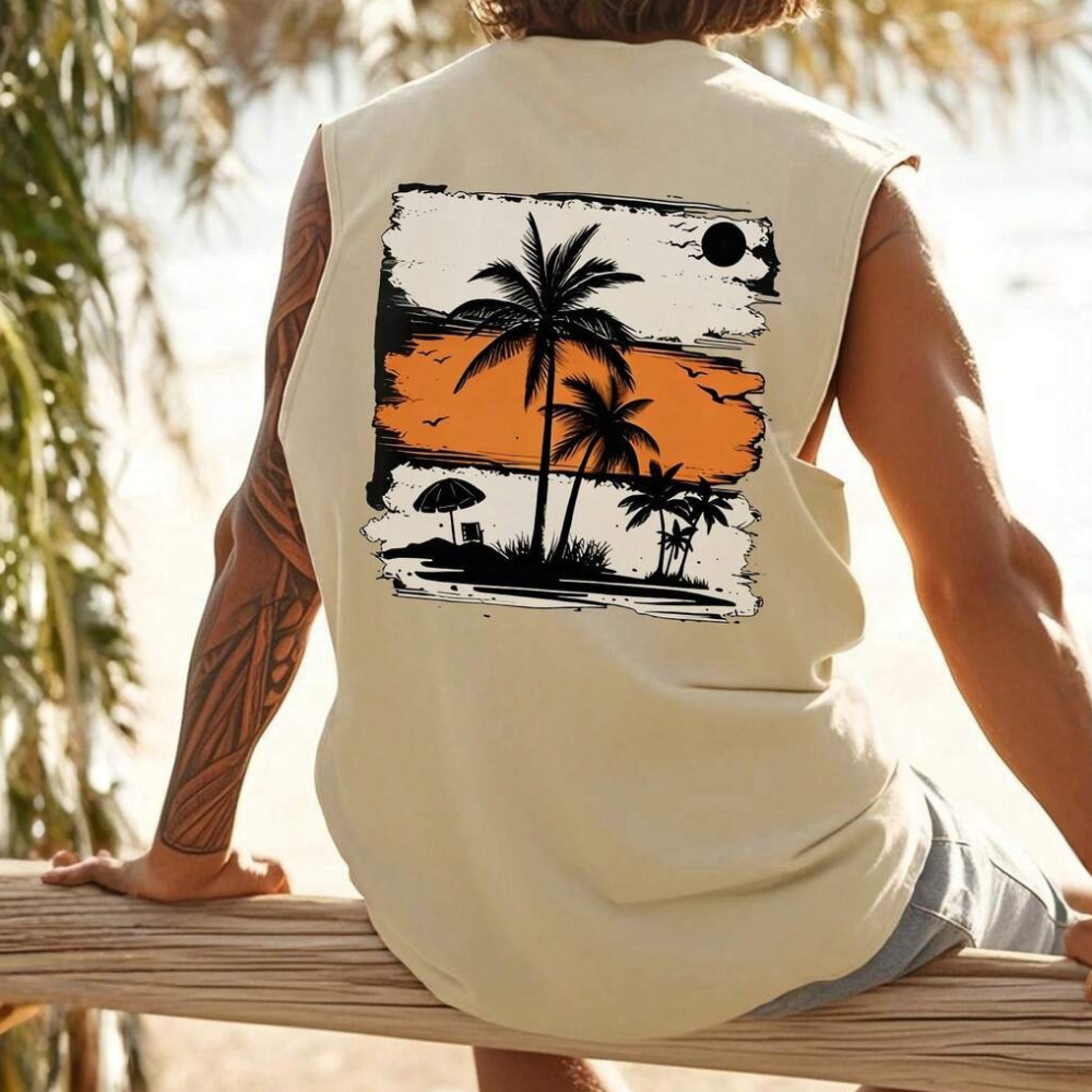 Coconut Tree Letter Print Casual Tank Top For Men