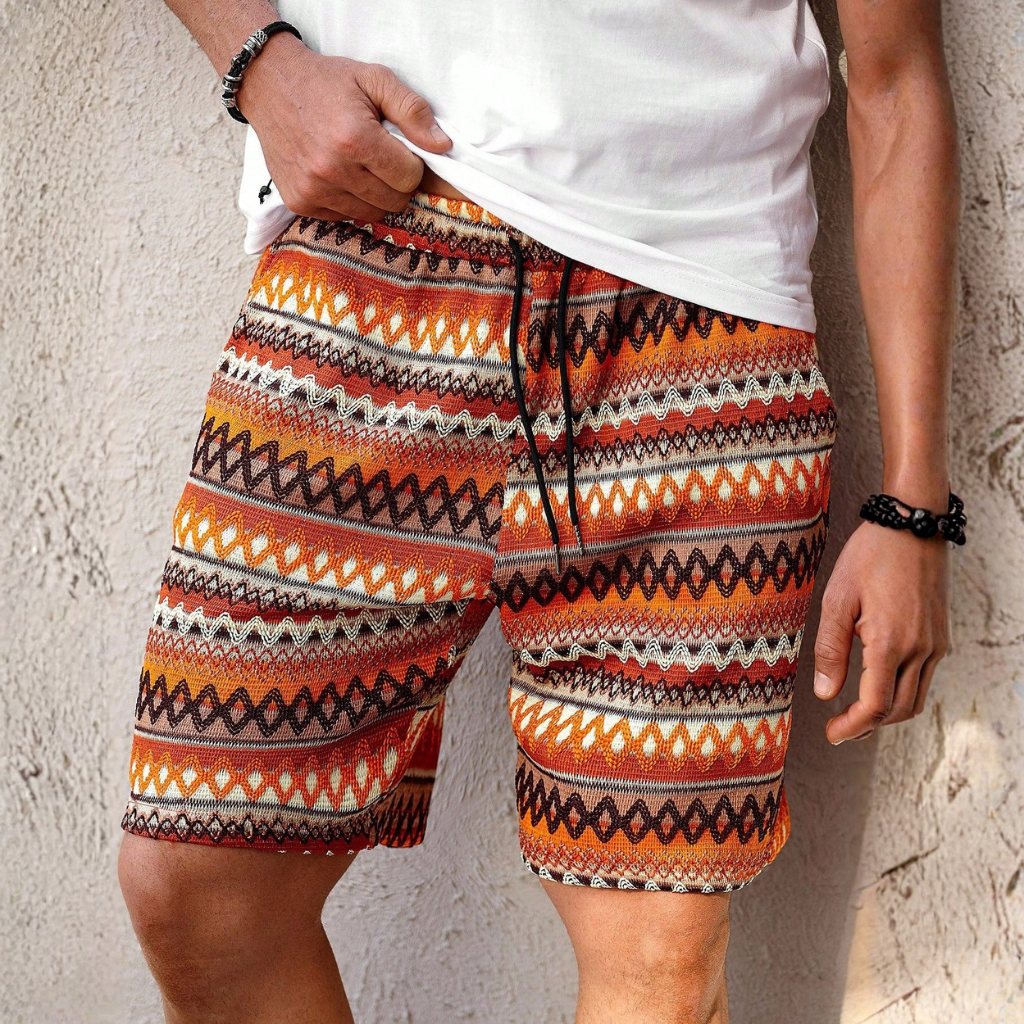 Bohemian Design Geometric Striped Vacation Shorts For Men
