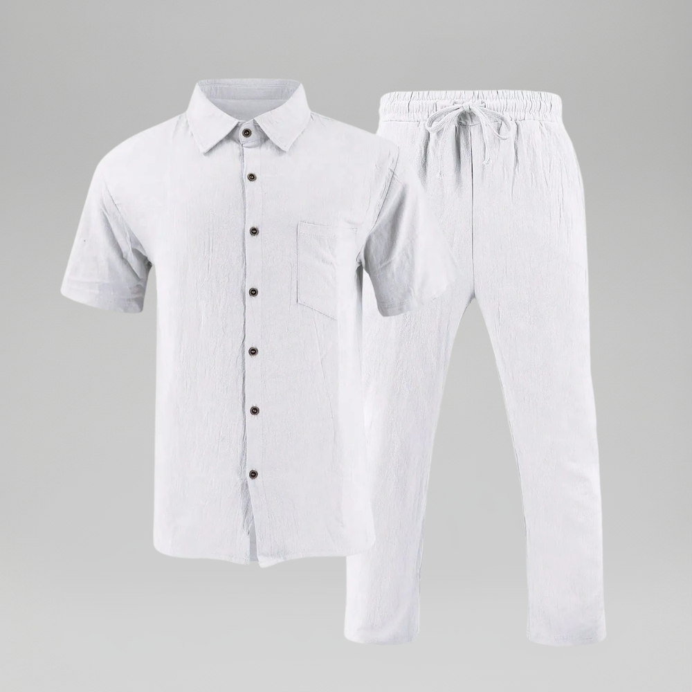 Casual Linen Two Piece Short Sleeve Shirt And Pants Set For Men