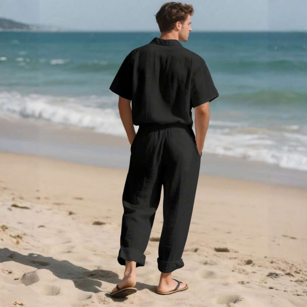 Casual Linen Two Piece Short Sleeve Shirt And Pants Set For Men