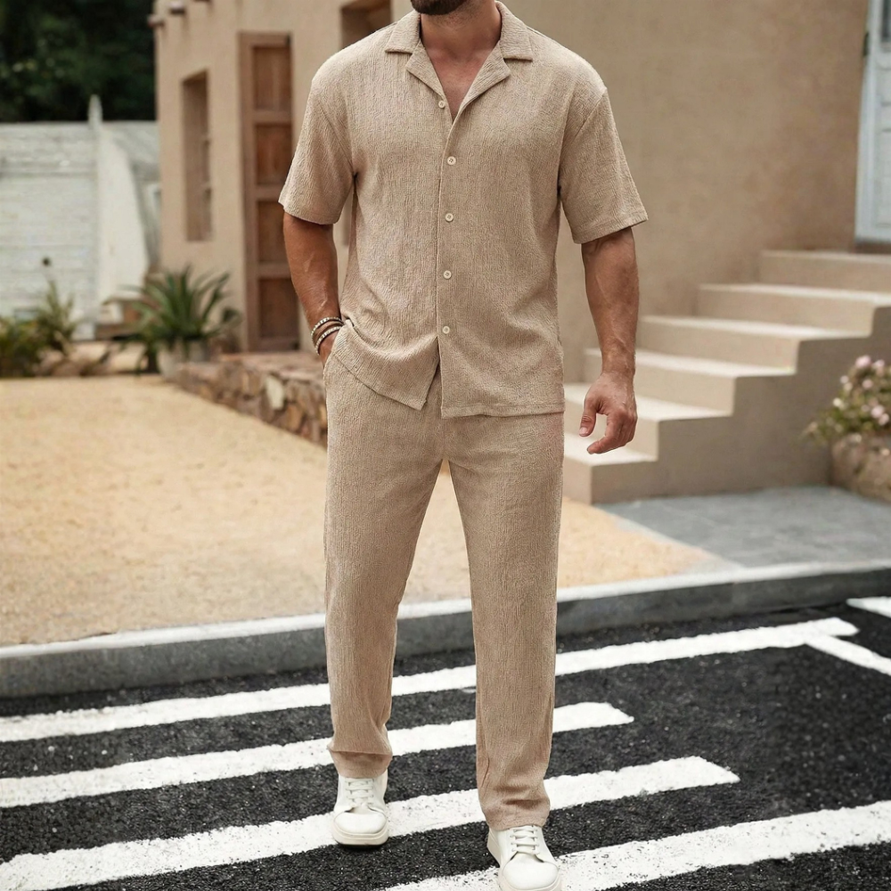 Linen Short Sleeve Ruffle Tape Shirt And Drawstring Pants For Men