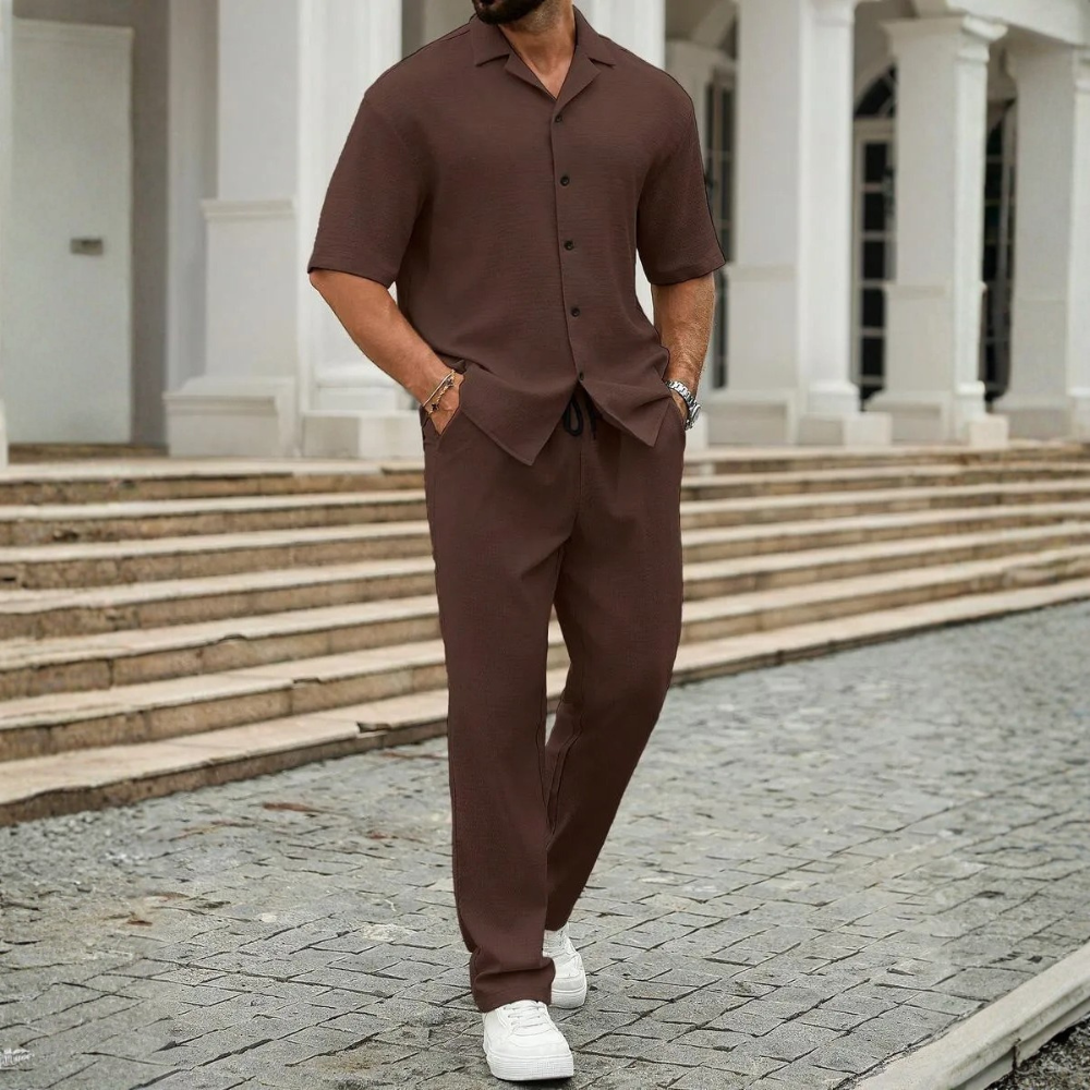 Linen Short Sleeve Ruffle Tape Shirt And Drawstring Pants For Men