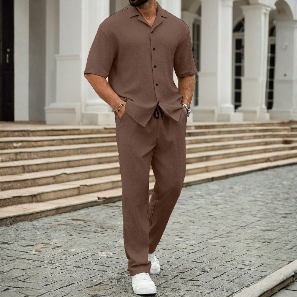Linen Short Sleeve Ruffle Tape Shirt And Drawstring Pants For Men