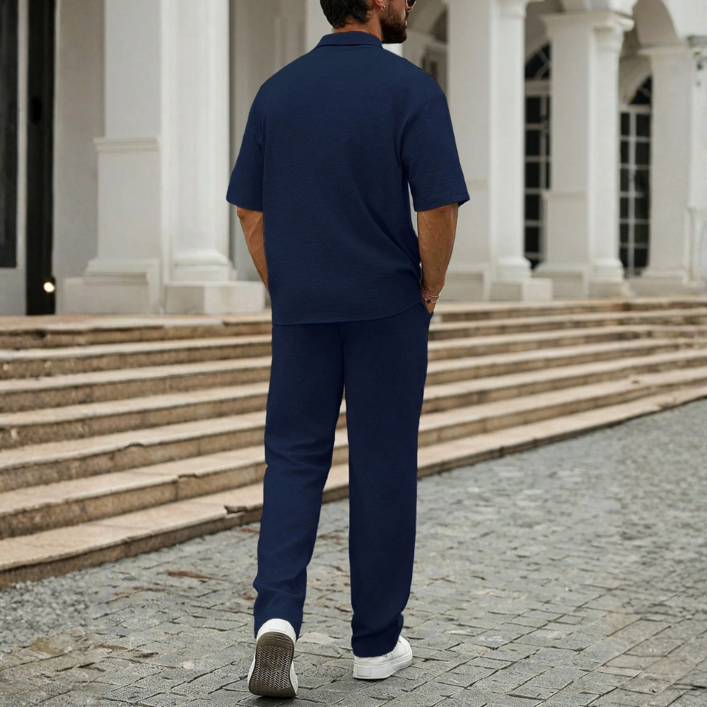 Linen Short Sleeve Ruffle Tape Shirt And Drawstring Pants For Men