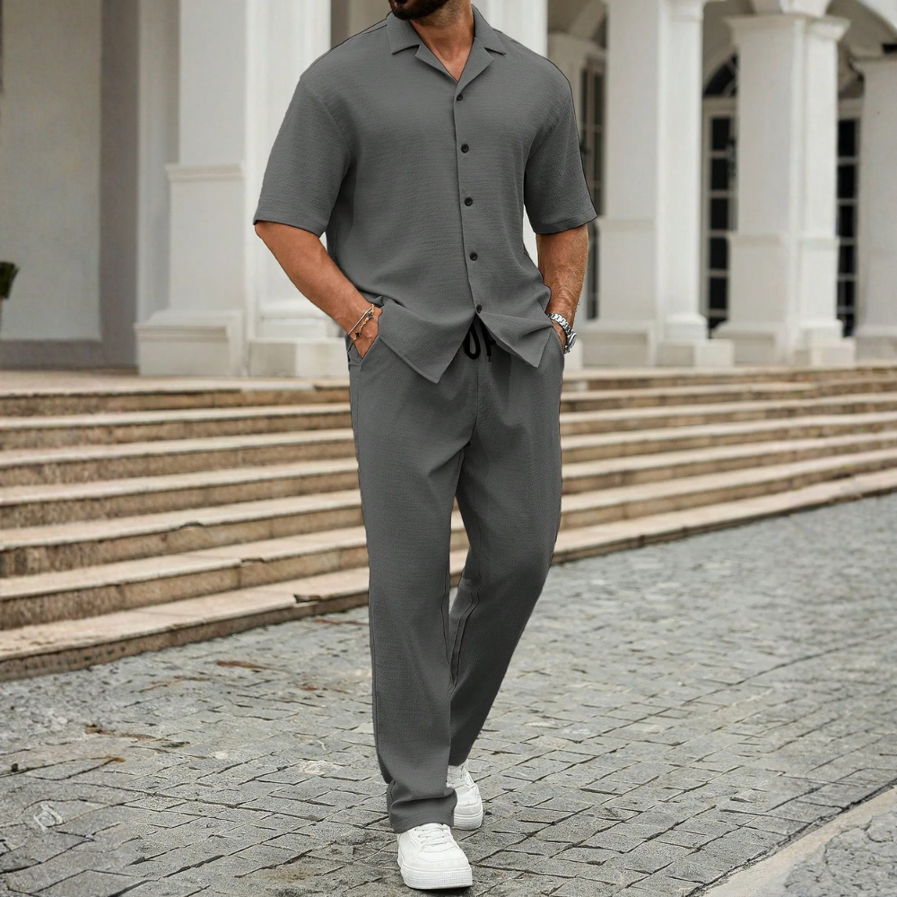 Linen Short Sleeve Ruffle Tape Shirt And Drawstring Pants For Men