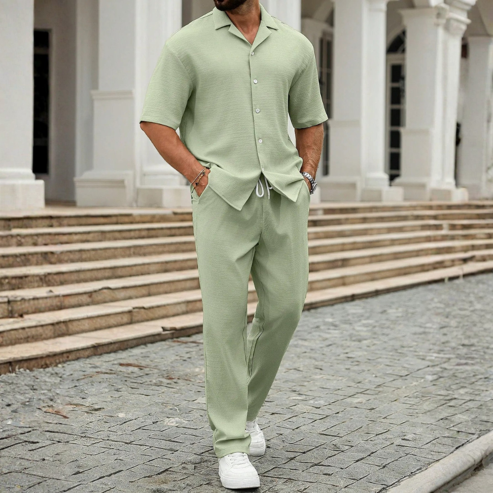 Linen Short Sleeve Ruffle Tape Shirt And Drawstring Pants For Men