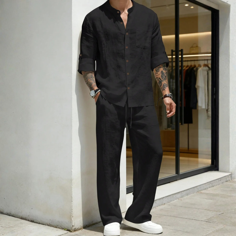 Lightweight Loose Long Sleeve Button Up Shirt And Straight Pants For Men