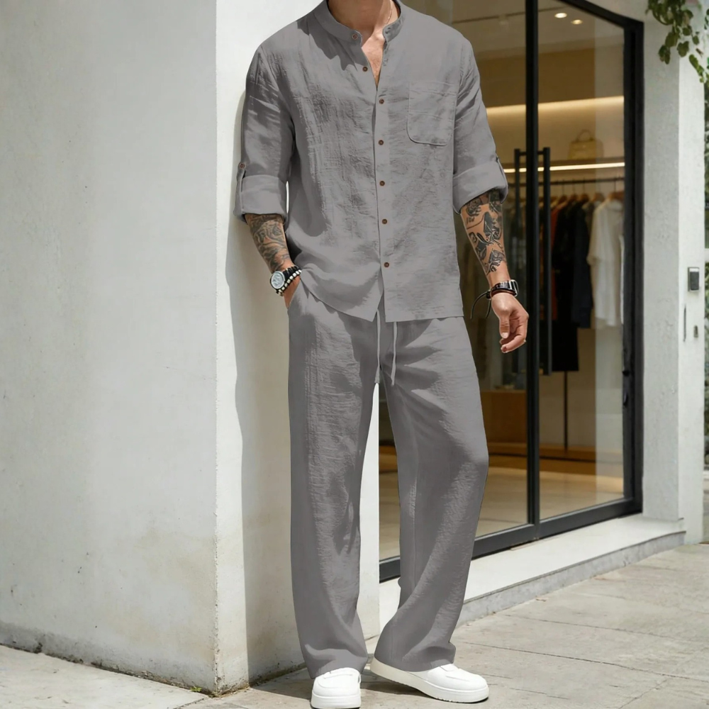 Lightweight Loose Long Sleeve Button Up Shirt And Straight Pants For Men
