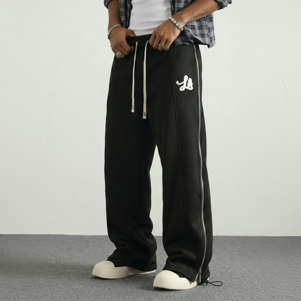 Street Style Wide Pants With Double Zipper And Side Panels