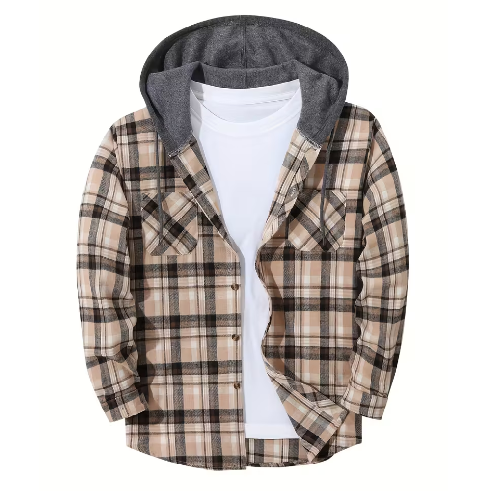 Checkered Button Front Jacket With Hood For Men