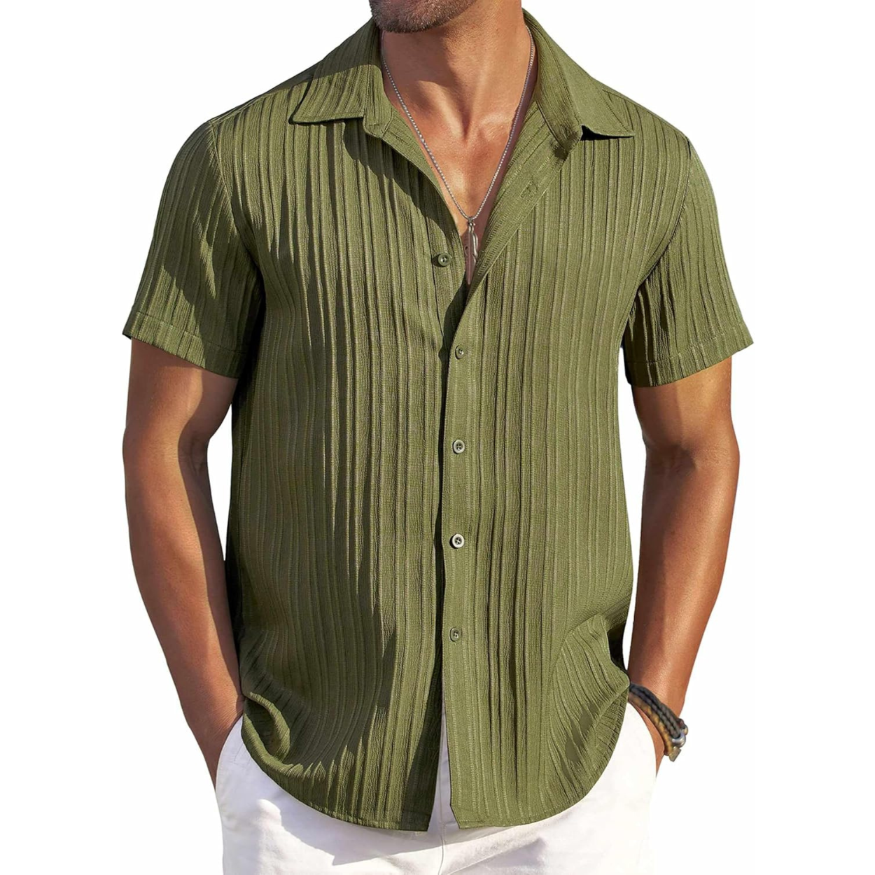 Casual Short Sleeve Textured Button Down Summer Beach Shirt For Men 