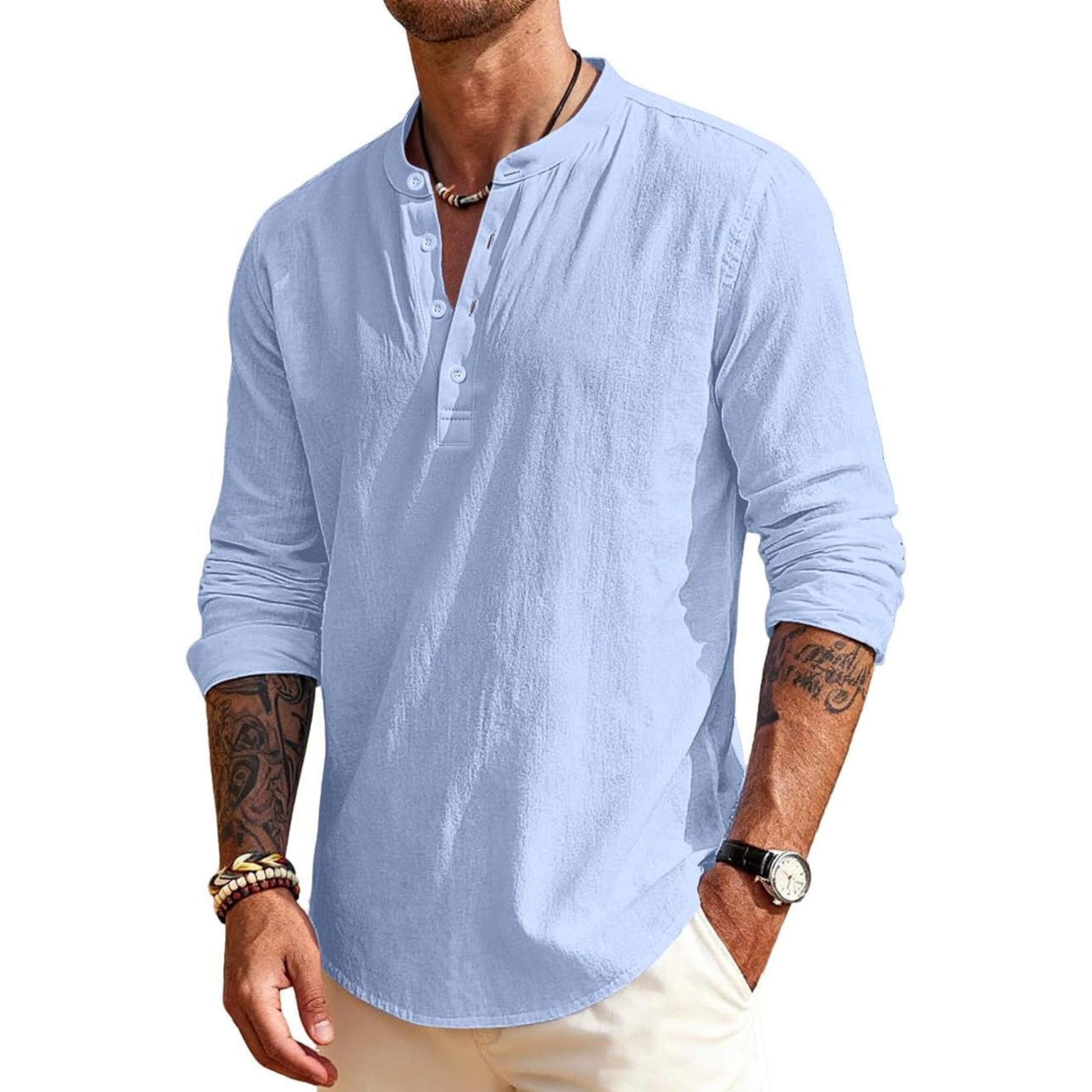Linen Henley Long Sleeve Casual Beach Shirts
