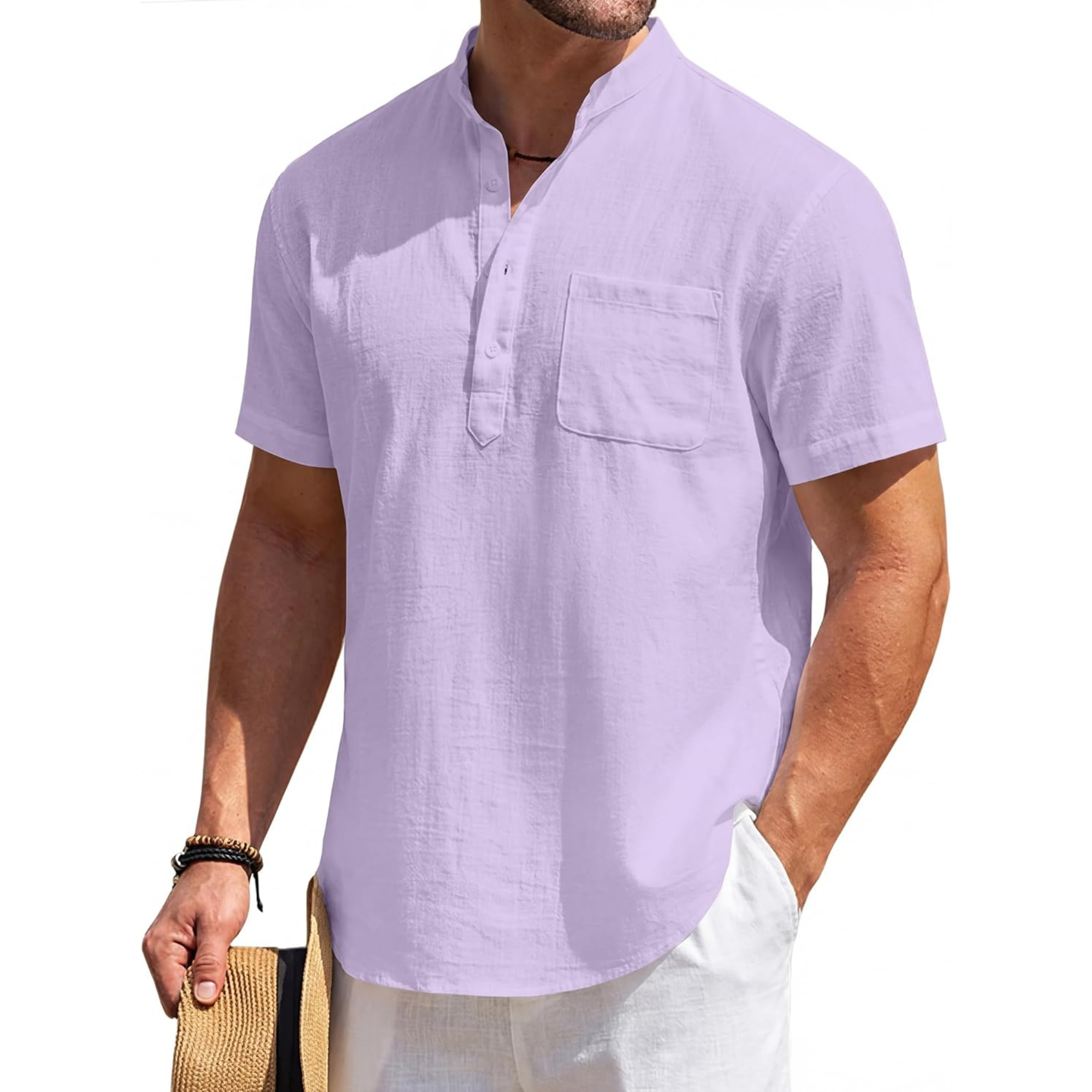 Casual Linen Henley Beach Shirt With Pocket