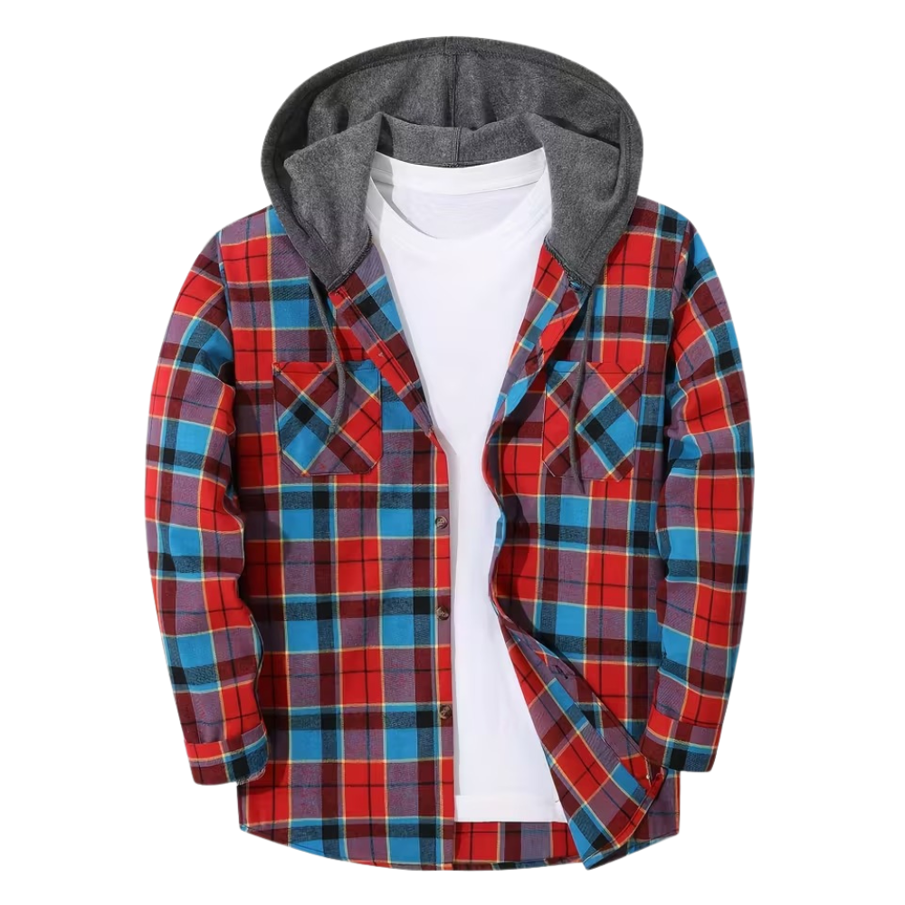 Plaid Hooded Sweatshirt With Button Front Closure For Men