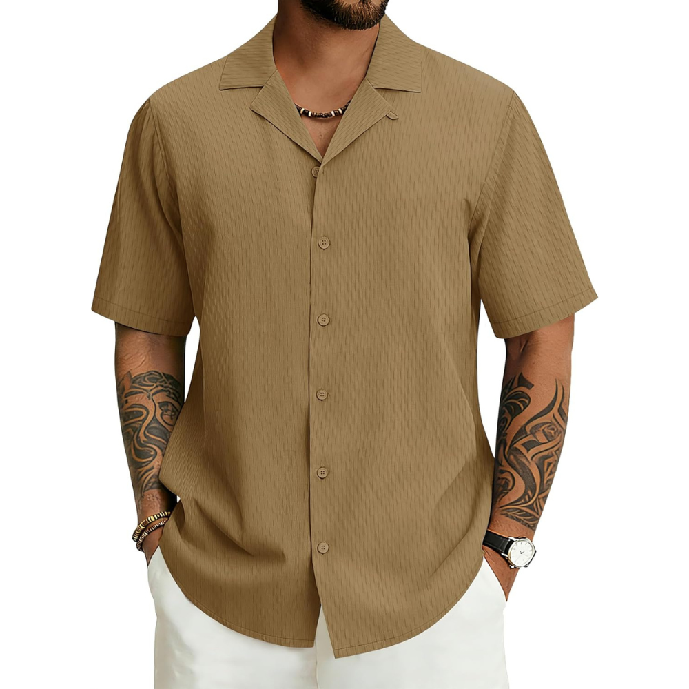 Casual Textured Cuban Beach Button Down Shirt