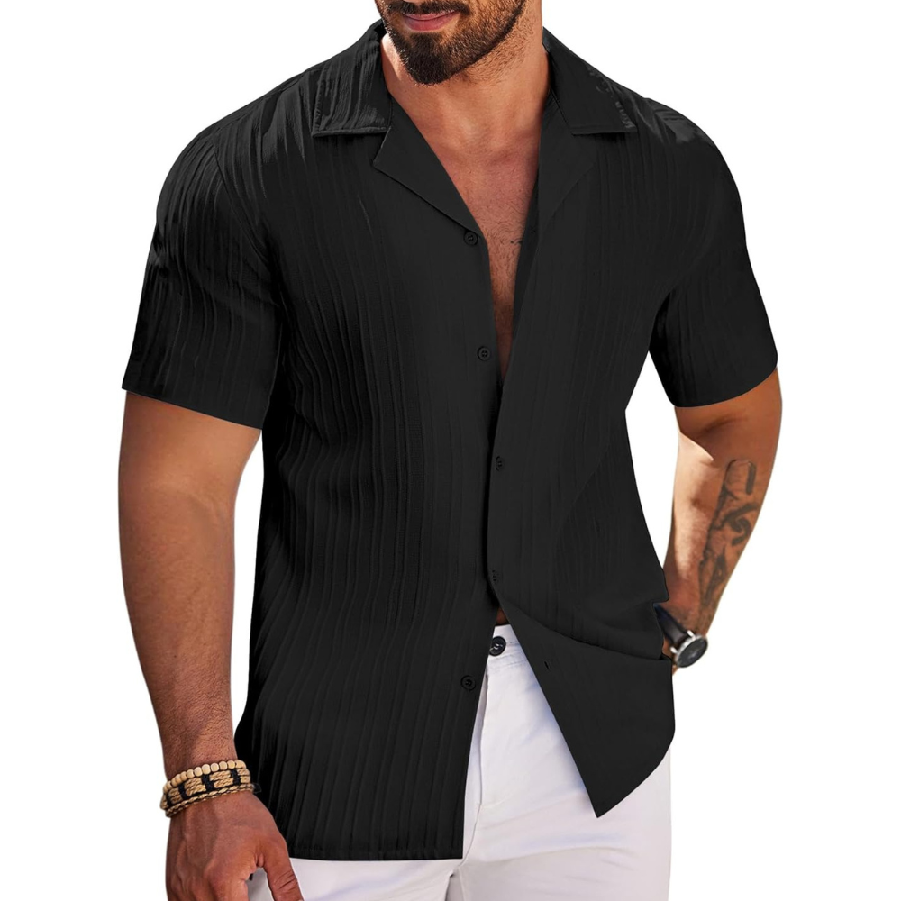Textured Short Sleeve Casual Beach Button Down Shirt